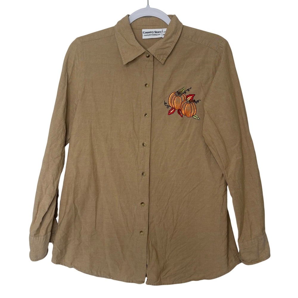 Vtg Country Store Pumpkin Embroidered Shirt M Tan Cottagecore Grandmacore Cotton